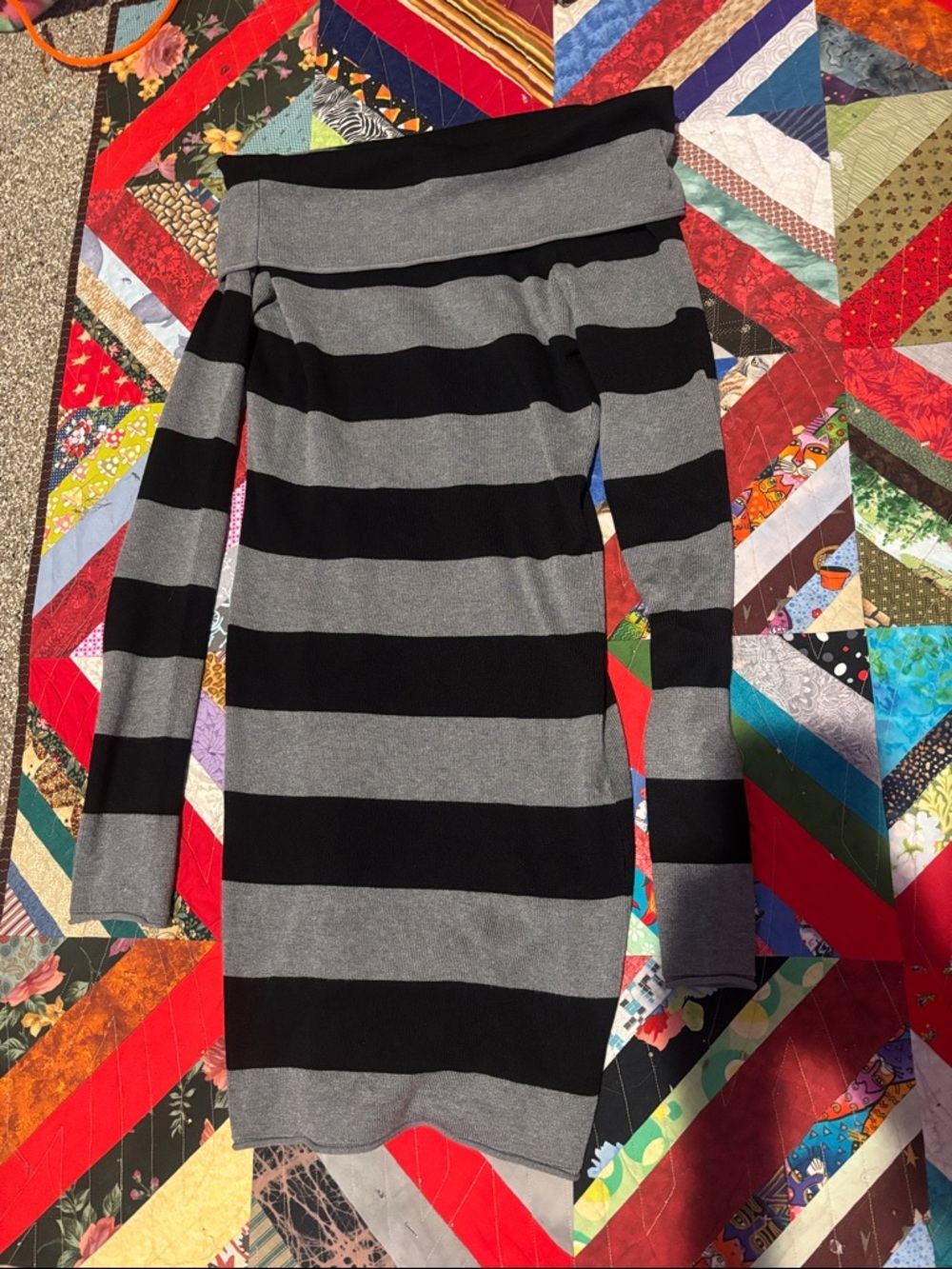 Striped Off-Shoulder Sweater Dress - Black & Gray